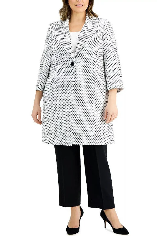 Le Suit Notched Collar Long Sleeve One Button Closure Pockets Geo Dot Jacquard Topper with Mid Waist Elastic Back Solid Pants Suit (Plus Size) High-Waist Straight Pants