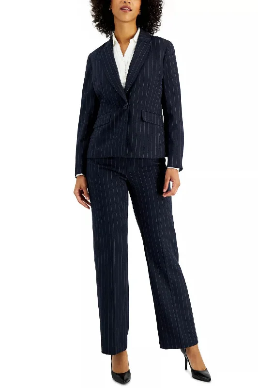 Le Suit Notched Collar One Button Closure Long Sleeve Shoulder Padding Crepe Jacket with Mid Waist Zipper Hook &Bar Closure Pant Two Piece Set Tailored Wool Pants