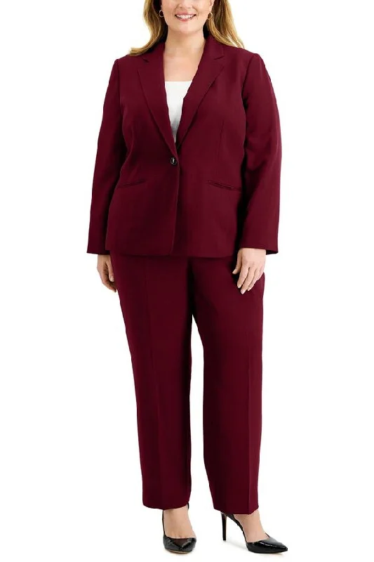 Le Suit Notched Collar One Button Jacket with Button Hook Zipper Closure Pockets Crepe Pants Suit Soft Palazzo Skirt