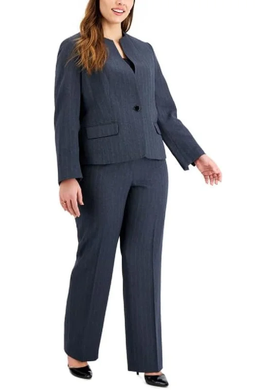 Le Suit One-Button Collarless Straight-Leg Pantsuit ( Plus Size ) Elegant Leather Skirt