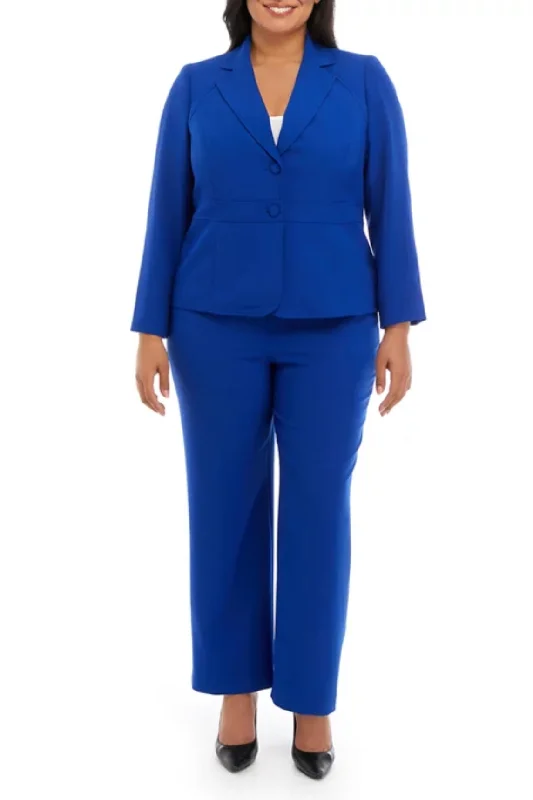 Le Suit Plus Size Crepe Two Button Notch Collar Jacket and Trouser Pant Set Comfortable Ribbed Skirt