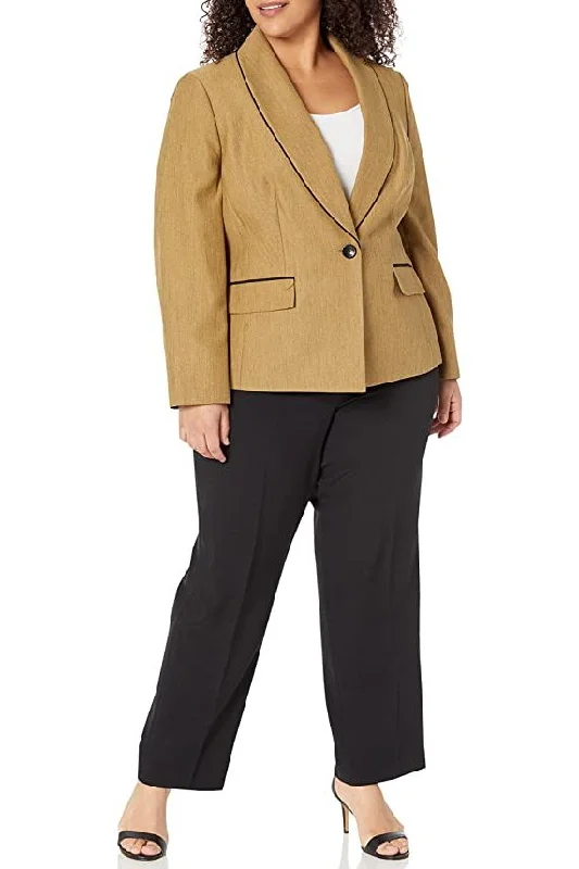 Le Suit V-Neck Long Sleeve Shawl Collar One Button Closure Mini Herringbone Jacket with Mid Waist Elastic Back Waist Solid Slim Pants (Plus Size) Comfortable Ribbed Skirt