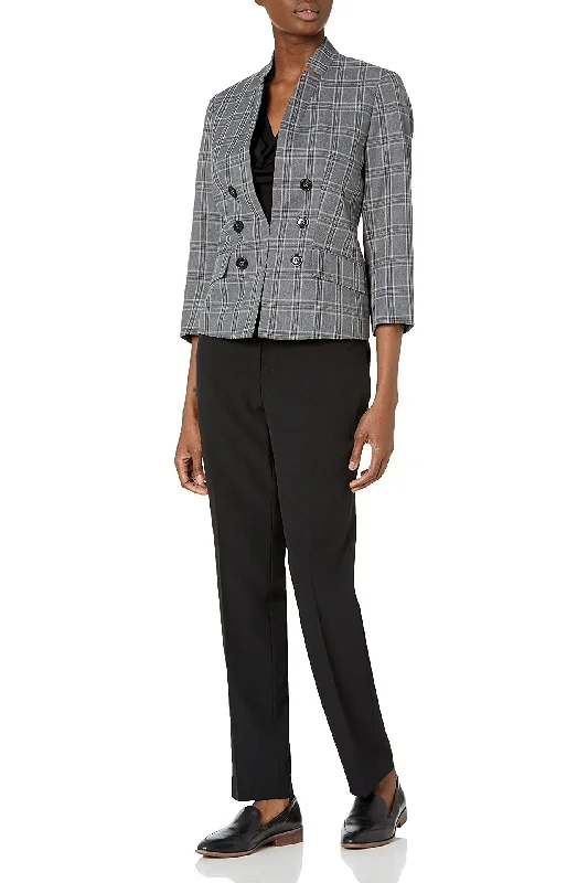 Le Suit Windowpane Pattern 6 Button Hook Closure Jacket with Button Hook Zipper Closure Crepe Pants Suit (Two Piece Set) Feminine Wrap Skirt