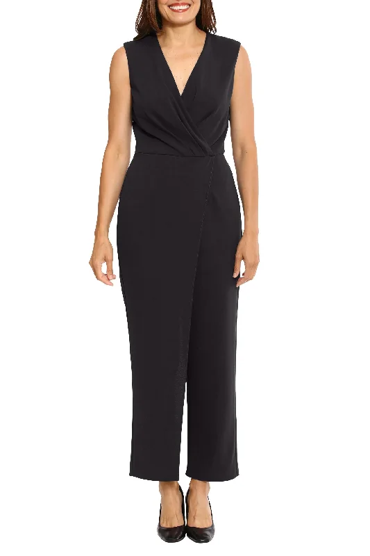 London Times V-neck sleeveless zipper closure pleated front straight pant scuba crepe jumpsuit High-Rise Bootcut Jeans