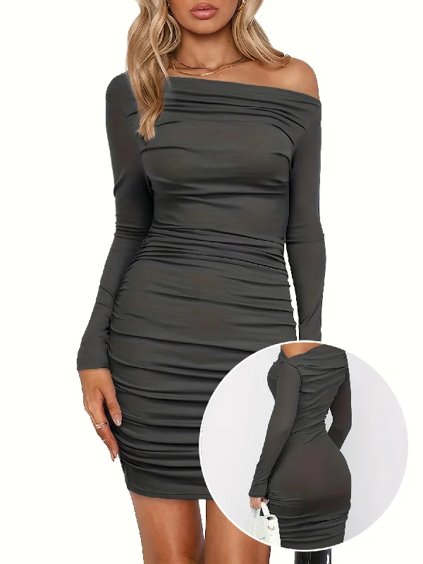 Mini Ruched Bodycon Off Shoulder Long Sleeve Dress - Elegant, Stretchy, and Comfortable - Perfect for Spring and Fall Seasons, Womens Clothing Tunics Silk luxurious