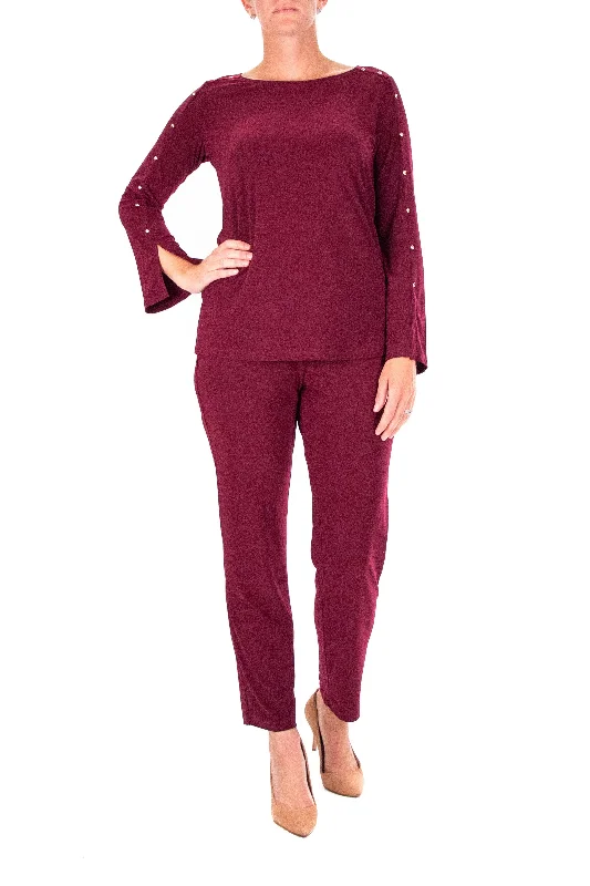 Nina Leonard Scoop Neck Embellished Shoulder Long Sleeve With Elastic Waist Pant Casual Cropped Pants