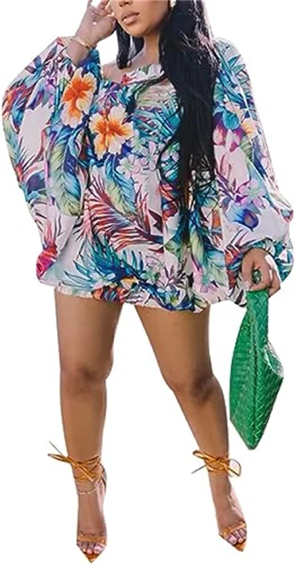 Off Shoulder Bat Sleeves Floral Printed Dress Tunics Trendy modern