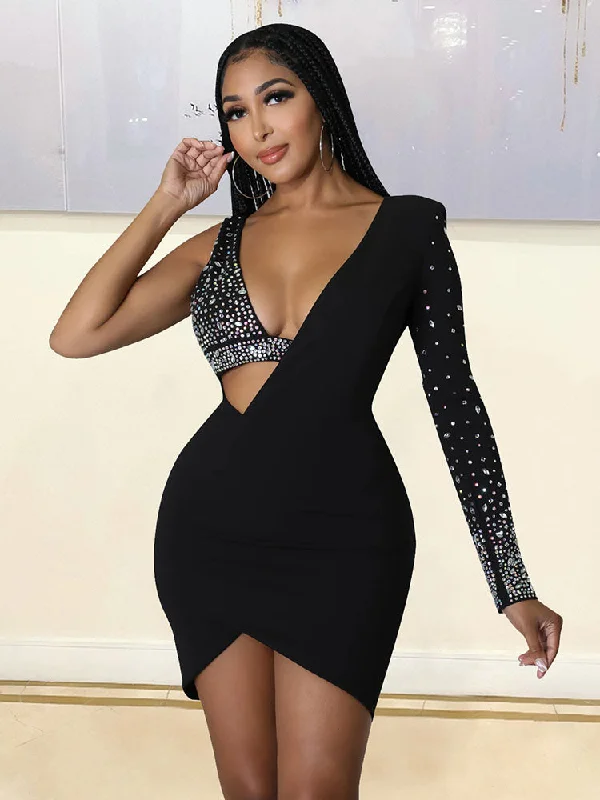 One Shoulder Rhinestone Backless Mini Dresses Tunics Silk luxurious