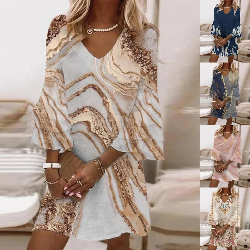 Pbong mid size graduation outfit romantic style teen swag clean girl ideas 90s latina aesthetic Women Fashion A-Line Dress Vintage Marble Print Flare Sleeve V-Neck Loose Mini Dress Female Summer Elegant Beach Dress Vestidos Tunics Sophisticated sleek