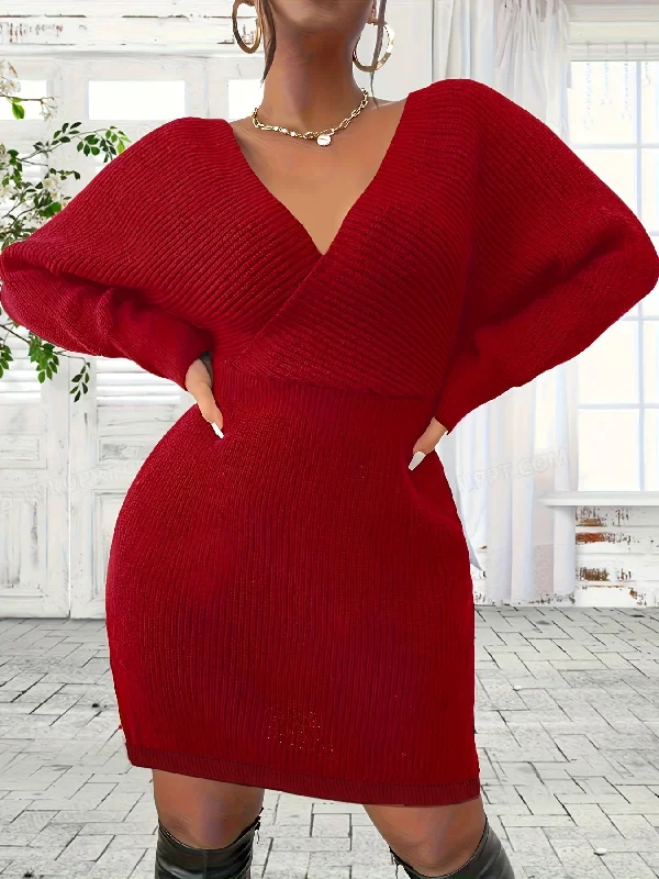 Plus Size Bodycon Mini Dress - V-Neck, Backless, Slight Stretch, Elegant Polyester Knit Fabric - Fall/Winter Solid Color, No Printing, No Sheer Tunics Vintage classic