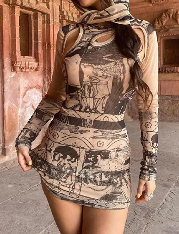 Print Cut Out Hooded Mini Dress sweetheart Neckline Romantic