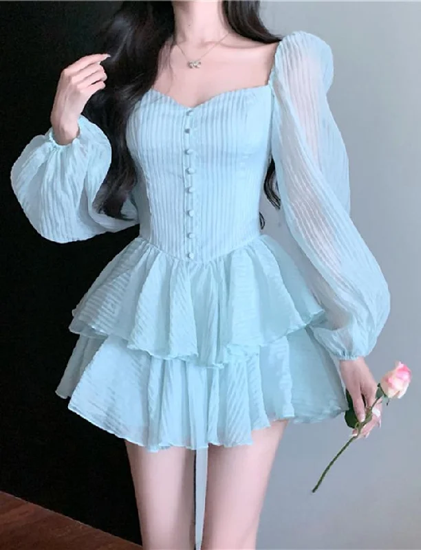 Puff Sleeve Corset Layered Hem Date Mini Dress Boatneck Modish Everyday