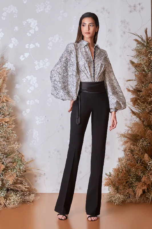 Puff sleeves printed blouse with belted slim pants Minimalist Pencil Skirt