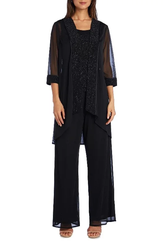 R&M Richards Scoop Neck Glitter ITY and Matte Duster Pants Set (Three Piece) Lightweight Capri Pants