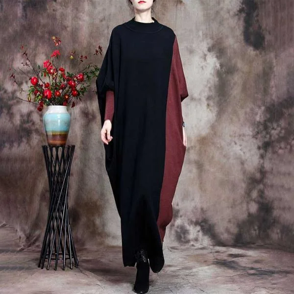 Retro Contrast Color Loose Bat Sleeve Women'S Sweater Dress Tunics Chic fashionable