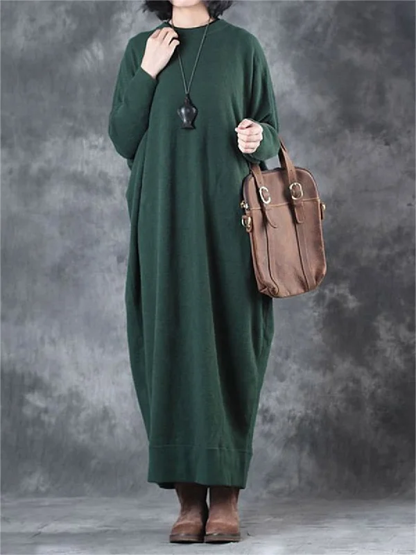 Retro Solid Color Casual Long Women'S Knitted Dress Tunics Corduroy durable