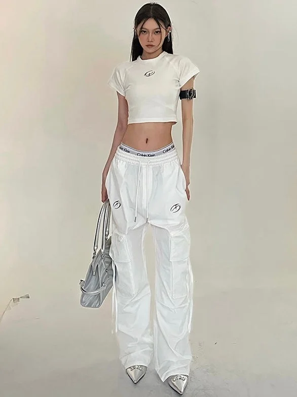 Sia Solid Color White Slim Short Sleeve Cropped Top + High Waist Baggy Multi-Pocket Cargo Pants Matching Set Sporty Yoga Pants