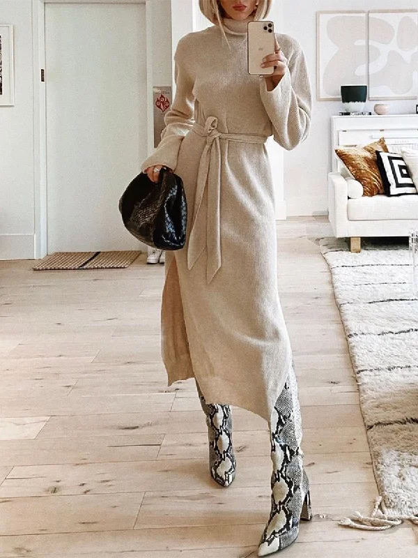 Solid Color Turtle Neck Long Sleeve Split Knit Sweater Dress Shift Classic Vintage