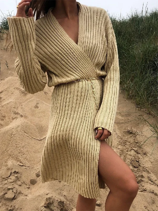 Solid Color V-neck Long-sleeved Knitted Sweater Dress Tunics Chinos classic