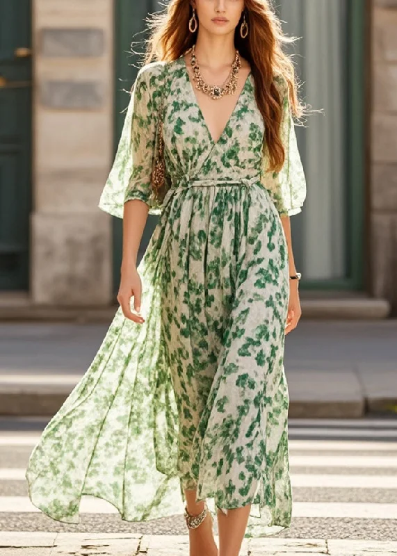 Stylish Green V Neck Print Chiffon Long Dresses Summer Tunics Distressed trendy