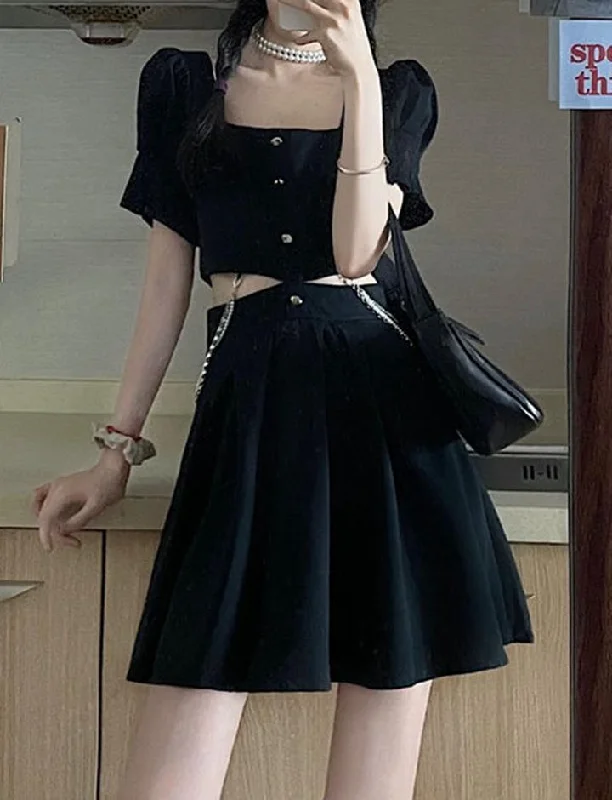 Summer Small Dark Black Waistless Black Mini Dress Square Neckline Feminine