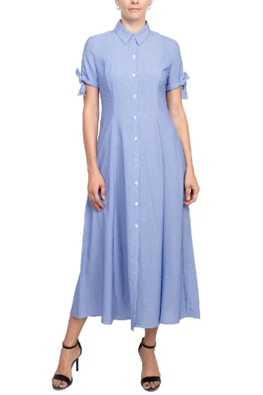 T Tahari Collared Button-down Short Sleeve Ties Stripe Pattern Fit Flare Rayon Dress Tunics Prom sequined