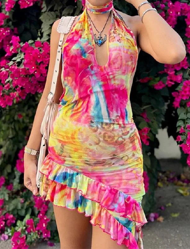 Tie Dye Print Halter Neck Ruffle Trim Mini Dress A-Line Day Work