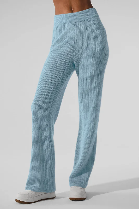 Cashmere High-Waist Plush Waffle Pant - Celestial Blue Heather Trendy Wide-Leg Pants