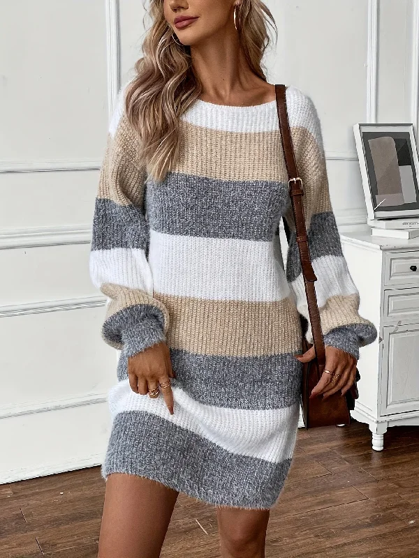 Women's Color Block Fuzzy Knitted Mini Dress - Elegant Drop Shoulder, Lantern Sleeve, Crew Neck, Perfect for Fall & Winter Season Tunics Chic elegant