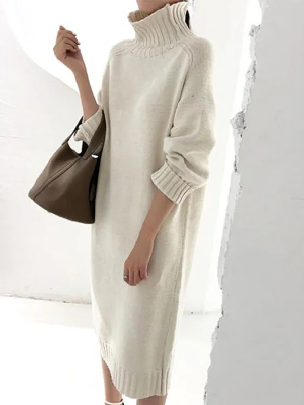 Women'S Solid Color Casual High Neck Knitted Dress Tunics Luxurious high-end