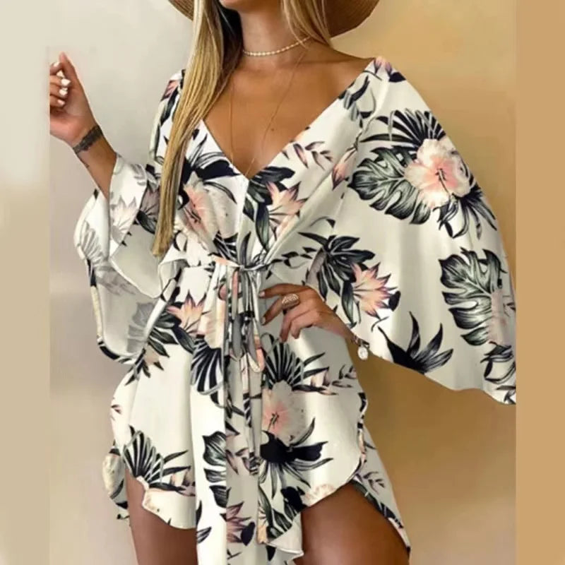 Zjkrl  -  New Summer Beach Elegant Women Dresses Sexy V Neck Lace-up Floral Print Mini Dress Casual Flared Sleeves Ladies Party Dress Bodycon Club Sequined