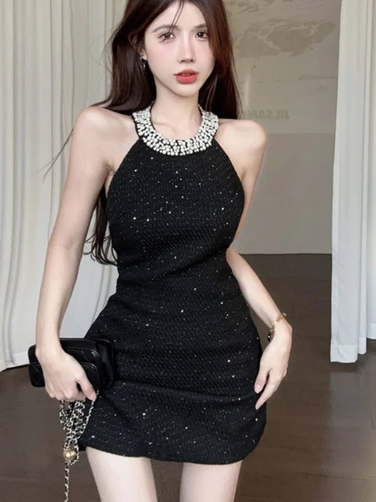 Zjkrl  -  Sexy Halter Mini Dress Women Sleeveless Rhinestone Patchwork Shiny Slim Fashion Backless Evening Party Dresses Club Prom Vestido Cowl Neckline Elegant