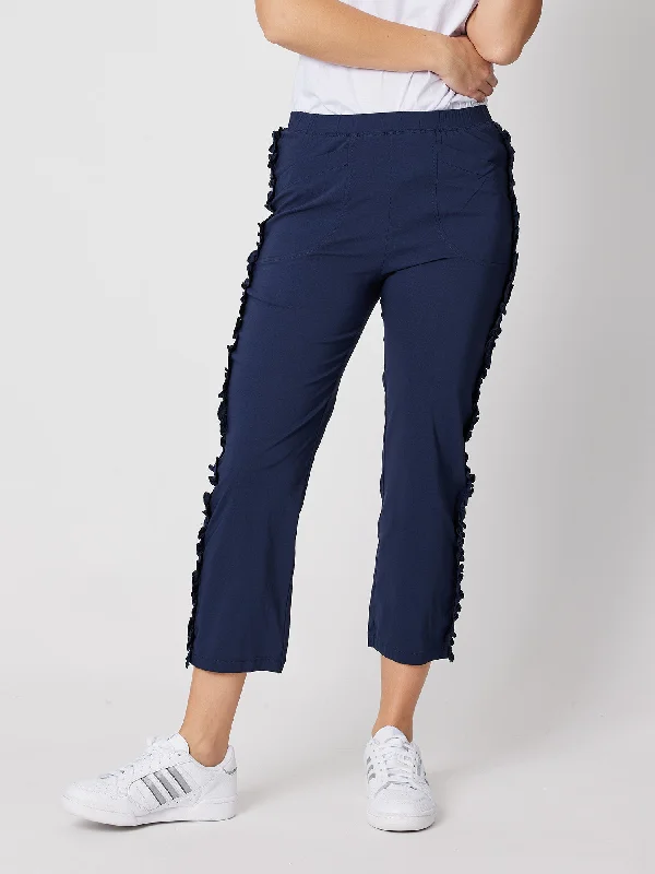 Frilled Side Detail Stretch Pant - Navy Chic Pleated Skirt