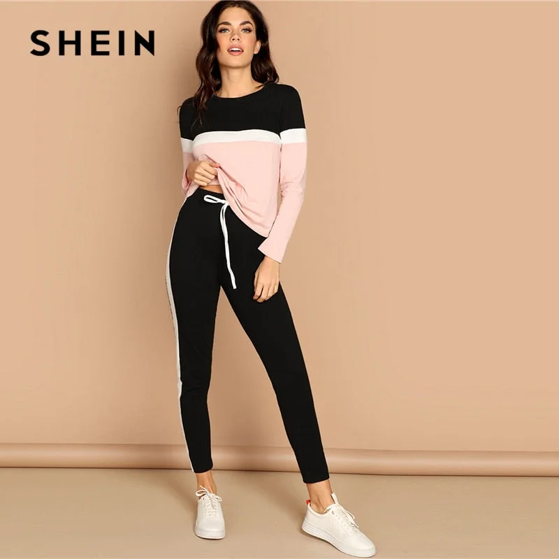 SHEIN Athleisure Color-Block Top and Drawstring Waist Side Panel Pants Women Two Piece Set Spring Sporting Casual Two Piece Sets Lightweight Capri Pants