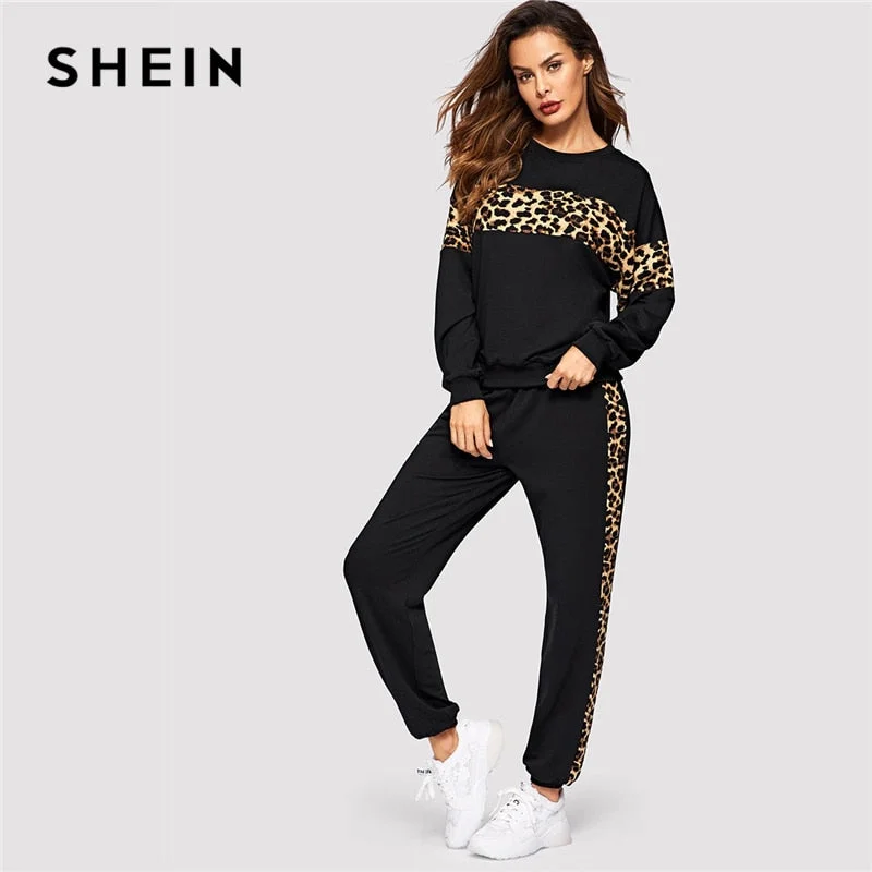 SHEIN Black Leopard Panel Pullover Women O-neck Athleisure Sweatshirt and Sweatpants Set Autumn Women Casual Two Piece Sets High-Waist Straight Pants