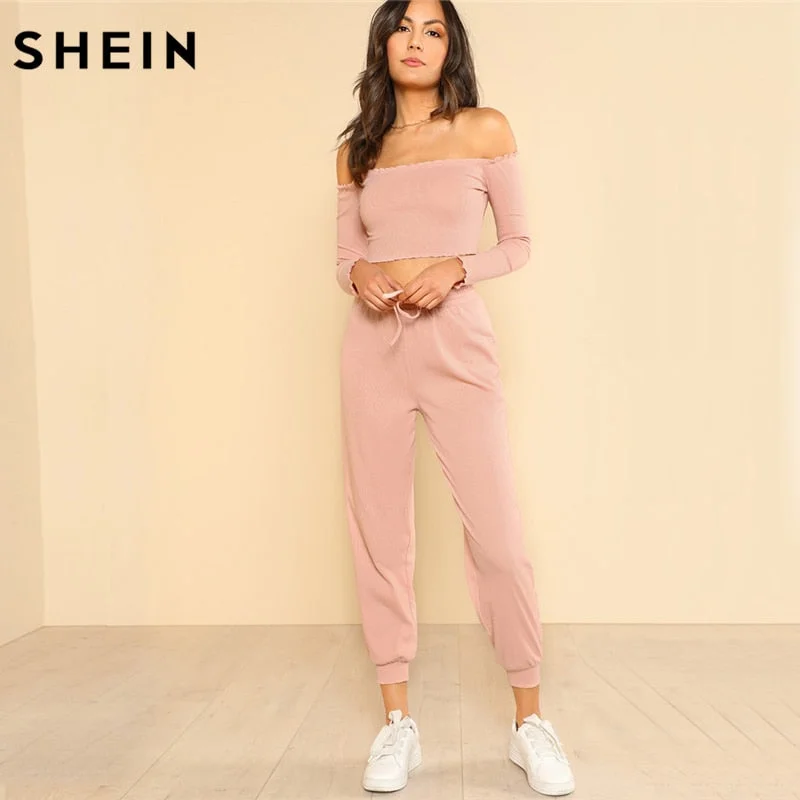 SHEIN Women 2 Piece Set Top and Pants Casual Woman Set Off the Shoulder Crop Bardot Top and Drawstring Pants Set Trendy Paperbag Shorts