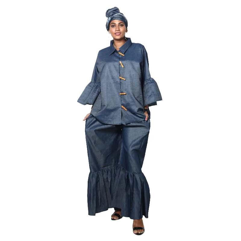 Women's Button Down Top and Palazzo Pants Set -- FI-4051 Denim Relaxed Cotton Shorts