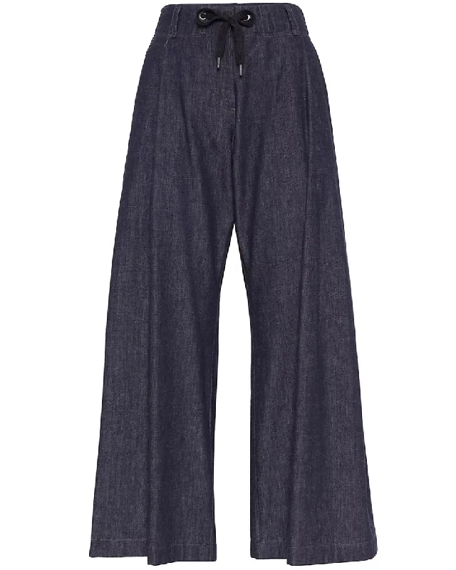 Blue Denim Elastic Waist Wide Leg Pant Tailored Wool Pants