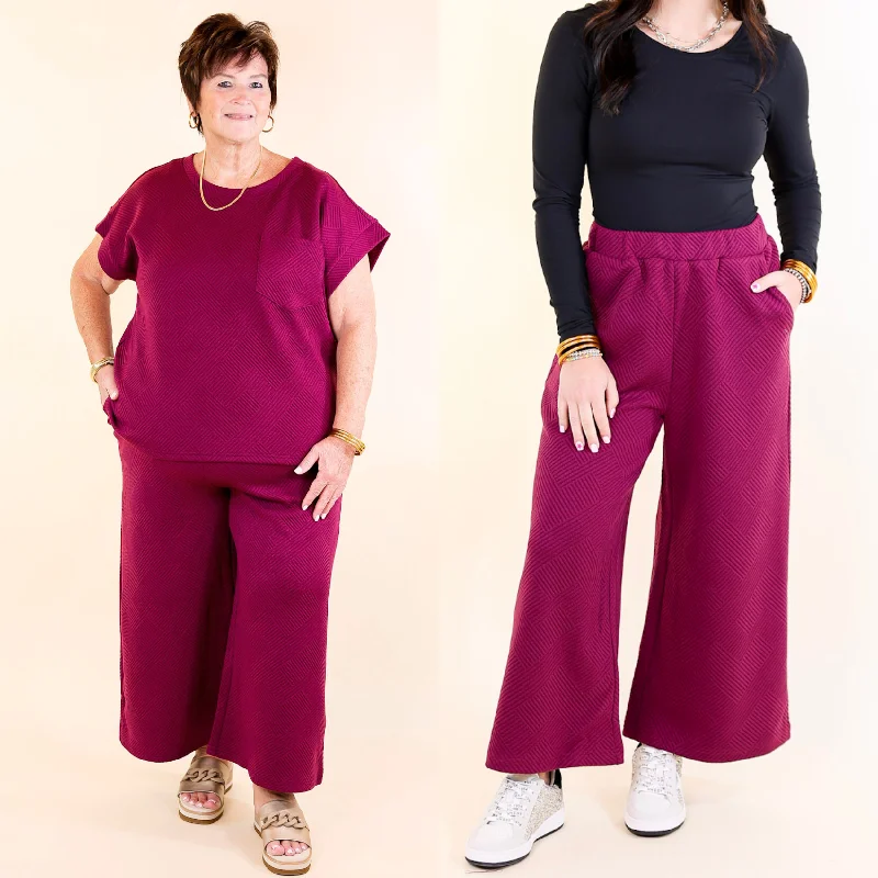 Glamour on the Go Textured Wide Leg Pant in Plum Purple Relaxed Fit Overalls