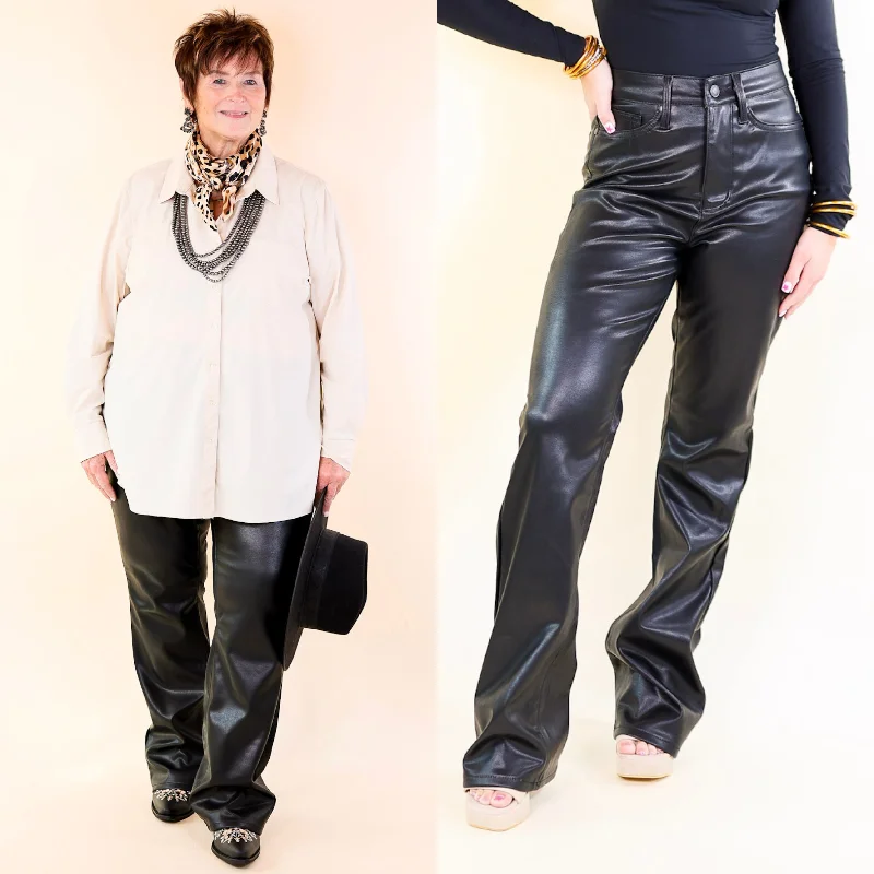 Judy Blue | A Night Out Tummy Control Faux Leather Bootcut Pants in Black Stretch Denim Skirt