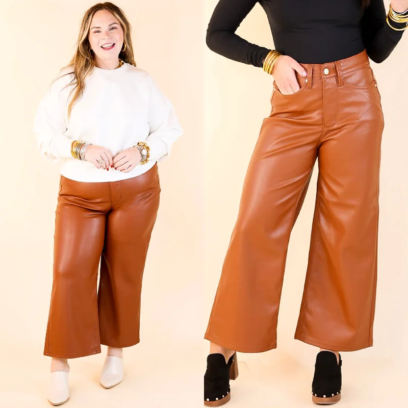 Judy Blue | Instant Icon Tummy Control Faux Leather Cropped Wide Leg Pant in Camel Brown Lightweight Linen Skirt