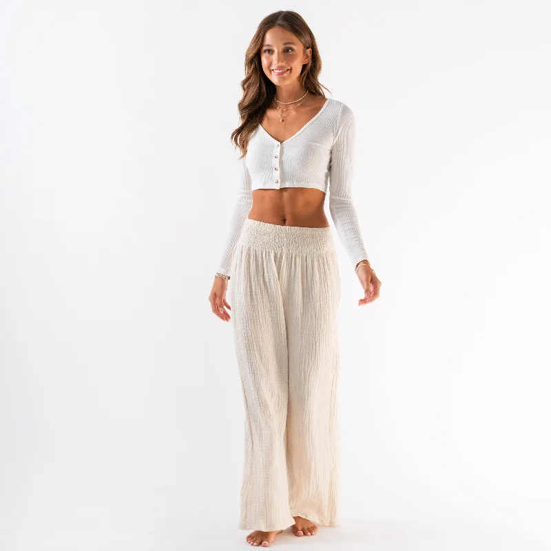 Lotus and Luna - Cream Wide Leg Cotton Pants Sporty Sweatpants Set