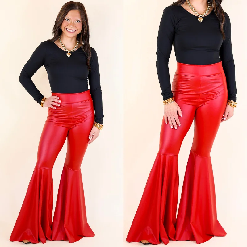 Nearly Famous Faux Leather Bell Bottom Pants in Red Casual Cropped Pants