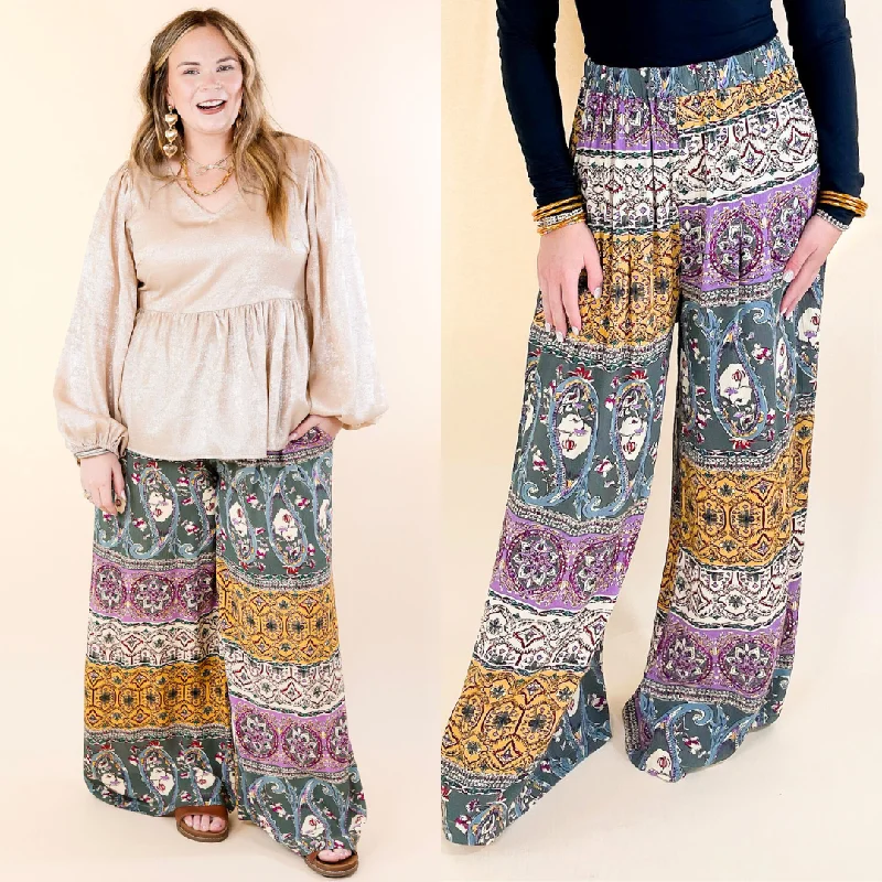 Slight Change Elastic Waist Floral Print Wide Leg Palazzo Pants in Green Mix Sporty Zip-Up Pants