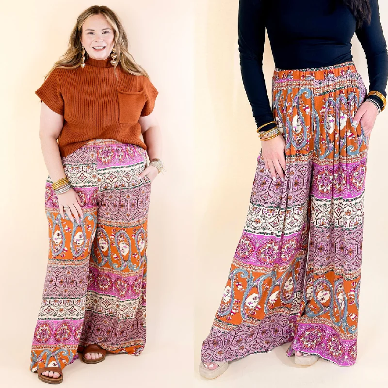 Slight Change Elastic Waist Floral Print Wide Leg Palazzo Pants in Rust Orange Mix Classic Wool Skirt