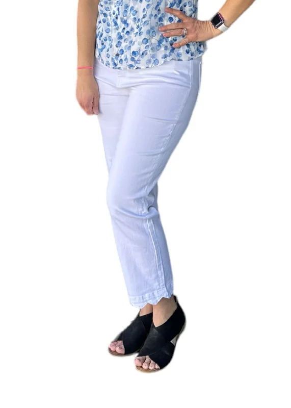 Straight Leg Scallop White Denim Pant Classic High-Waisted Pants