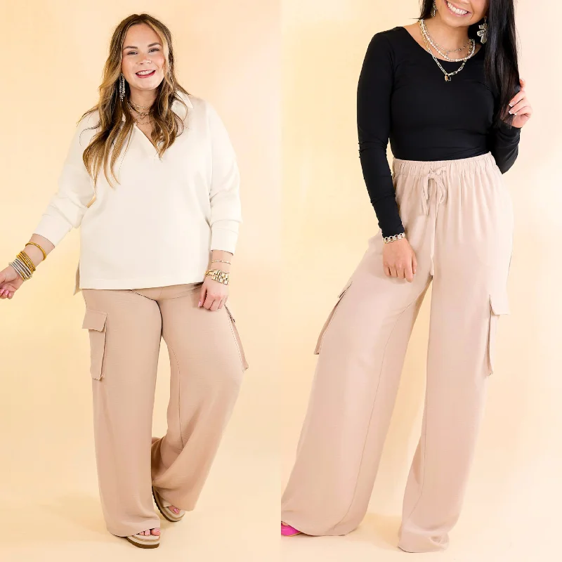 Sunday Stroll Wide Leg Cargo Pant in Light Taupe Casual Cropped Pants