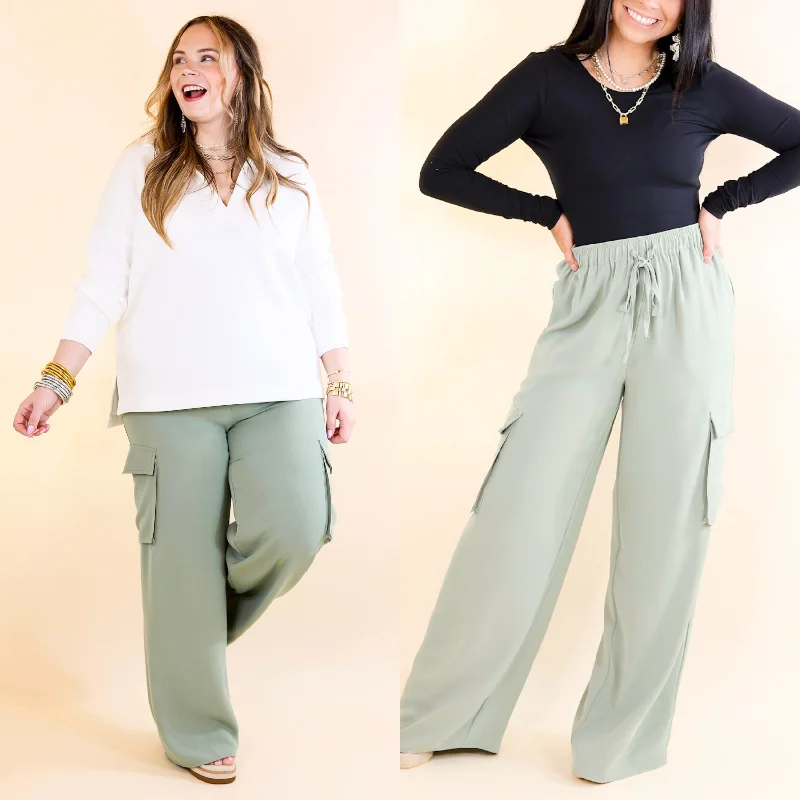 Sunday Stroll Wide Leg Cargo Pant in Sage Green Loose Fit Palazzos